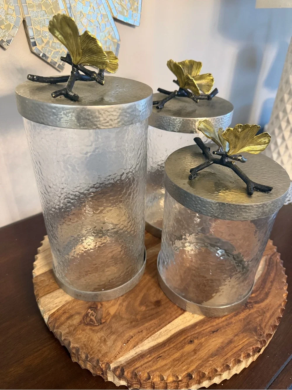 Michael Aram Glass Canister Set with Gold Ginkgo Leaf Lids - Home Accents